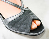 Size 6 Deco Style 70s Sandals - Metallic Silver & Gray Suede 1970s Shoes - 70's Deadstock - Peep Toe - Slingback - Hush Puppies - 43217-1