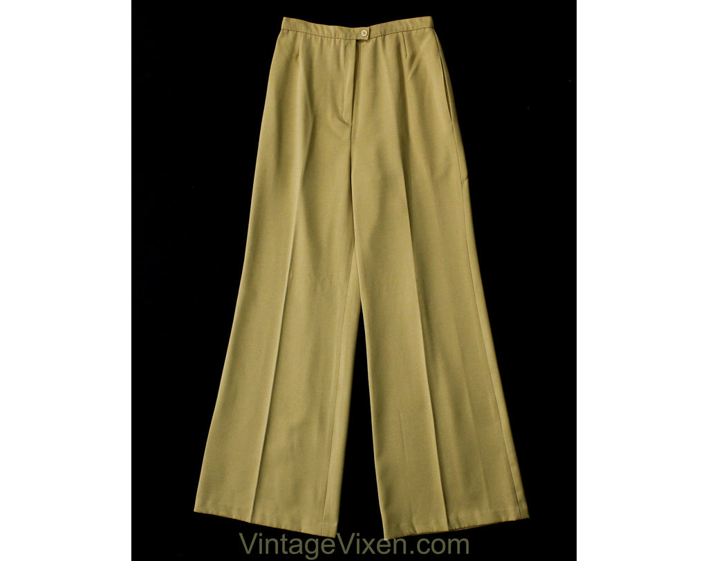 Size 4 Tan Pant - Tailored 70s Polyester Gabardine Wide Leg Trousers - Sophisticated 70's Taupe Office Wear Pants with Pockets - Waist 26