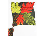 Autumn Leaves Silk Scarf - Fall Novelty Print Leaf Squares - Red Olive Spinach Chartreuse Green - 1950s Ladies Ascot with Hand Rolled Hems