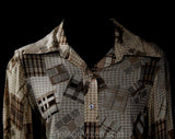 Size 12 Patchwork Print Shirt - 1970s Houndstooth Rayon Long Sleeve Blouse - Brown & Beige Novelty Print Top - NWT Deadstock - Bust 39.5