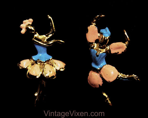 Fairy Ballerina Fantasy Brooch Pair - 1950s Dancers Pin Set of Two - Petal Skirt Faerie - Painted Pink Blue Daisy Flowers - 50s Novelty