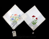 Micro Embroidered Handkerchief Pair - Super Fine Embroidery - Botanical Flowers - Mallorca Spain European Import - 2 Ladies Hankies NIB NWT
