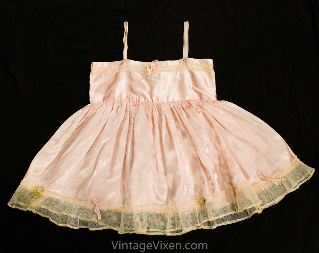 Antique Pink Satin Baby Dress - Infant's Chemise with Ribbons & Embroidery - Size 6 to 9 Months - Girls Spring 1910s 1920s Under Dress