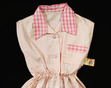 Size 4T Girl's 1950s Pink Romper - Terrific 50s Rosie The Riveter Child's Coverall with Gingham Trim - NWT Deadstock Work Wear - Chest 23