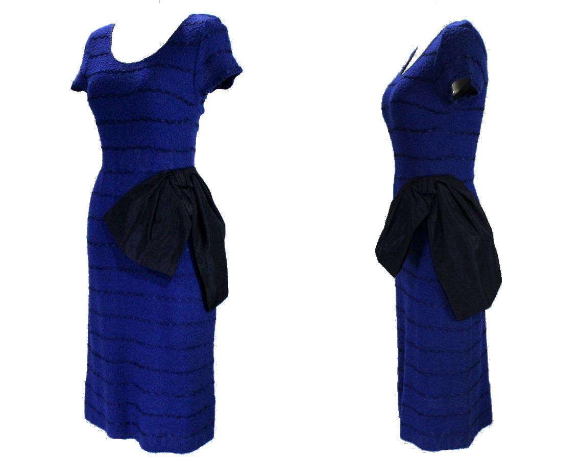 Size 2 1950s Marilyn Dress - Nubby Royal Blue Knit Wiggle Dress with P Vintage Vixen Clothing Size 2 1950s Marilyn Dress - Nubby Royal Blue Knit Wiggle Dress with P Vintage Vixen Clothing