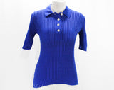XS Royal Blue Sweater - Size 2 Short Sleeved Fine Cotton Cable Knit Top - Casual Polo Shirt - Bust 30 to 32 - European Label - Spring Summer