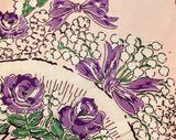 1940s Easter Bonnet Rayon Scarf - 40s Purple & Pink Roses Hat Novelty Print - Spring Lily of the Valley - Ribbons Bows - Rectangular - 49655