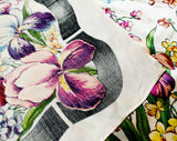 1940s Iris Floral Rayon Scarf - 40s Spring Flowers Satin Print - Purple Pink Turquoise Rust Orange White - Ribbon Border Print - 49653
