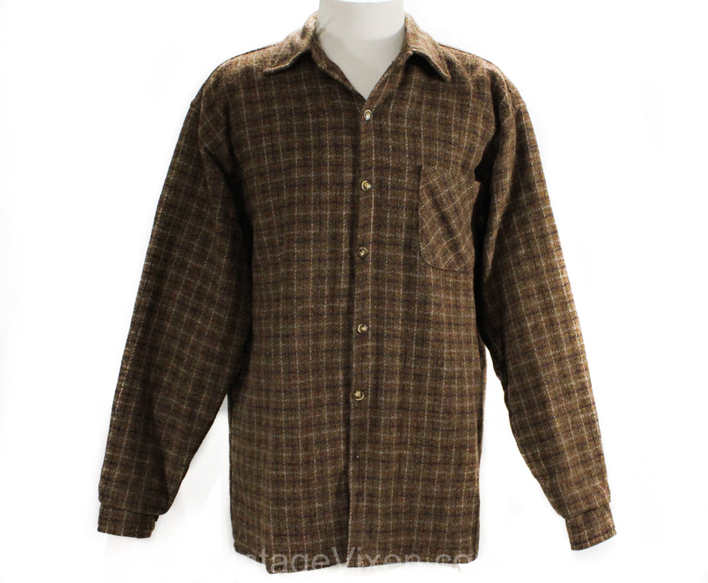 Men's Large Wool Shirt Jacket - 1950s 60s Sage Brown Tweed Men's Long Sleeve Plaid Lumberjack - Quilted Lining - Fall Winter - Chest 46