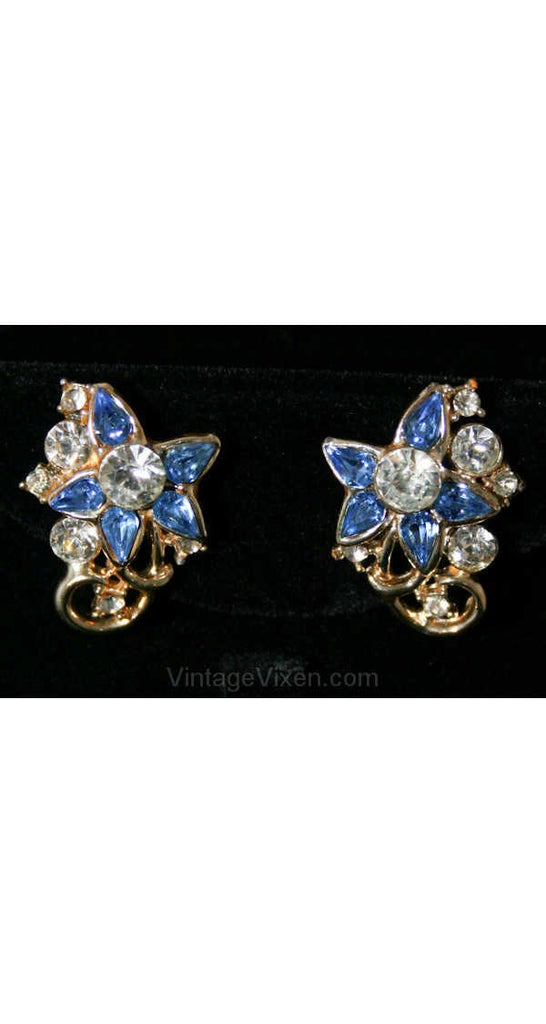 Pretty 1950s Star Flower Earrings - Spring Floral Screw Backs - Blue Rhinestones & Goldtone Metal - Screwbacks - Starry Eyed Chic - 38437-1