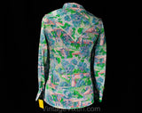 Small 1970s Sheer Shirt - Pointillist Artsy Novelty Print Scenes - Pink Blue Green - 70s Cotton Gauze Long Sleeve Top - Deadstock - Bust 34