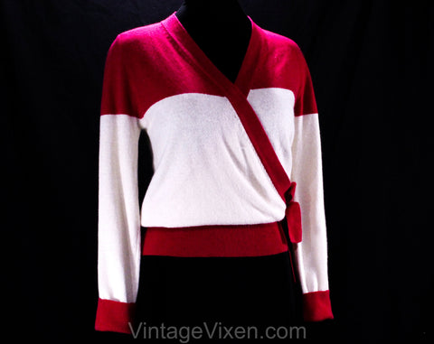 Size 8 Sonia Rykiel Sweater - Fuschia Pink & Ivory Angora Knit Top - 80s 90s Long Sleeved Wrap Style Pullover - Designer 1980s Color Block
