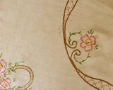 40s Embroidered Tablecloth - 1940s Spring Oval Flower Baskets - Antique Tea Colored Beige - Pink Blue Green Brown - Sweet Daisy Flowers