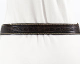 Men's Large Leather Belt with Brass Guitar Buckle - 1960s 70s Dark Brown Tooled Look - Western Cowboy Rock Star - Waist 38 to 40 - 50635