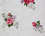 Full Size 1950s Bedspread - Pink & White Roses Quilted 50s Bedroom Linens - Glossy Cottage Floral 50s Double Bed Cover - 105.5 x 93 Inches
