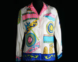 Size 6 Designer Shirt - 1960s Oleg Cassini Suns & Eagles Scarf Print Silk Top - Posh High End Haute Style 60s NOS Deadstock - Bust 34.5