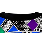 Size 8 Black Tribal Print Maxi Dress - 1960s Long Sleeve A-Line Sheath & Belt - Purple Blue Emerald Green Geometric 60s Polyester - Bust 38