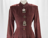 Size 0 Designer Suit - 1980s Sue Wong - Two-Piece Silky Wine Tailored Jacket & Skirt - Primitive Jewelry Accents - High Collar - Waist 24