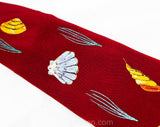 1940s Men's Seashells Tie - 40s Rayon Novelty Print Necktie - Brick Red with Luminous Hand Painted Sea Shells & Glitter - California Label