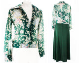 Size 8 Sun Dress & Sheer Floral Jacket - 70s Forest Green Maxi Dress - 1970s Rustic Strappy Summer Chic - Lily of Valley Flowers - Bust 34.5