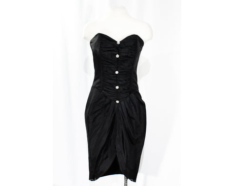 Size 6 Strapless Black Cocktail Dress - Sexy 1990s Party Dress by Gunne Sax Jessica McClintock - Faux 50s Bombshell 90s Pin-Up - Bust 34