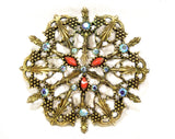 Huge 1960s Baroque Brooch - Marbleized Coral Orange & Rhinestones - 50s 60s Round Pin - Antique Style Gold Tone Metal - Emmons - 50482