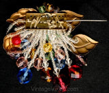 Exceptional 1930s Brooch - Fruit Salad Glass Berries Fringe & Metal Leaves - Authentic 30s Pin - Red Blue Gold Green Lavender Beads 32980