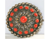 Ornate Silver Filigree & Carnelian Dome Brooch - Made In Italy - Antique Ancient Greek Style Pin - 1940s Deadstock - Coral Orange - 40218