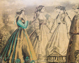 Framed Victorian Fashion Plate - Godey's Ladies Book Hand Colored Picture with Gilt Wood Frame Dated 1867 - Authentic 1860s Not Reproduction