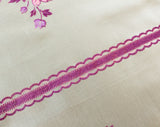 1960s Kitchen Curtain Fabric - Pink & Purple Leaves - 2 Yards x 44.5" Wide - 60s Sheer White Nylon 1960s Housewife Yardage - Scallop Border