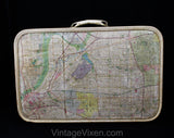 1960s Novelty Map Print Suitcase - Crafty Cute 60s 70s Large Luggage with Key - US America Canadian Border - Montana North Dakota Texas