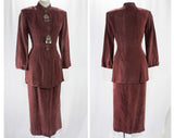 Size 0 Designer Suit - 1980s Sue Wong - Two-Piece Silky Wine Tailored Jacket & Skirt - Primitive Jewelry Accents - High Collar - Waist 24