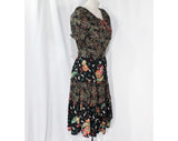 Size 6 Bohemian Sun Dress - 1940s Inspired Rayon Floral Summer Frock - 70s Prairie Boho Style Full Skirt - Black Pink Jade Green - Waist 26