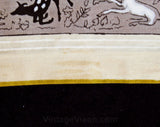 Dancing Deer Scarf - 1950s Peasant Cotton Head Kerchief - 50s Gray Gold Ivory Black Novelty Print with Border - Graceful Mid Century Style