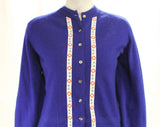Size 14 Cashmere Cardigan - 1950s Cobalt Blue Button Front Sweater - Nautical Ribbon - Luxury Knit - Large 50s 60s Sailor Style - Bust 48