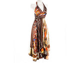 Size 6 1970s Hippie Dress - Gorgeous Scarf Novelty Print - 70s Boho Halter Summer Sun Dress - Brown & Orange - British Label - Bust 32 to 34