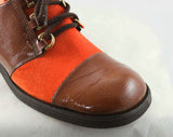 Size 9 Funkytown Shoes - 1960s Burnt Orange Suede Color Block Oxford Pumps - Rust Brown Wet Look Vinyl - Two Tone Lace Up Shoe - 9N Narrow