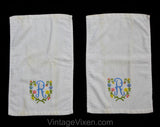 1950s Bathroom Hand Towels - Letter R Monogram Powder Room Novelty Linens - 50s 60s Cotton Bath Pair by Springmaid - White Pink Blue Yellow