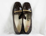 Size 8 1960s Shoes - Dark Brown Faux Alligator Pumps - Mod 60s Vegan Shoes with Brassy Gold Details - AA Narrow Width - Unworn NOS Deadstock