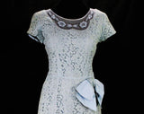 Size 6 Lace Cocktail Dress - 1950s Powder Blue Fitted Special Occasion Dress with Sheer Beaded Bodice - Short Sleeve - Swag Bow - Waist 26.5