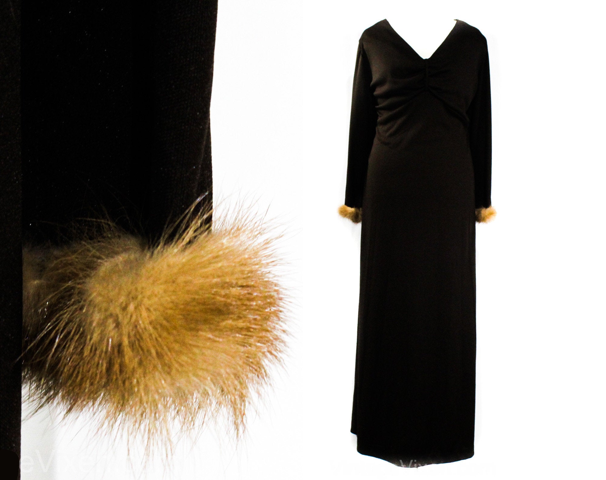XXL 1970s Evening Dress with Mink Fur Cuffs XXL 1970s Evening Dress with Mink Fur Cuffs