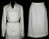 Size 6 White Suit - 1970s Linen Jacket Skirt & Snake Belt - Original Price Tag 215 Dollars - 70s Designer Mollie Parnis Deadstock - 33664