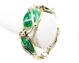 Emerald Green Ovals Bracelet - Lyrical Gold Hued Metal - 1960s Marbleized Plastic - Art Nouveau Antique Look - Goldtone Flourishes - 50405