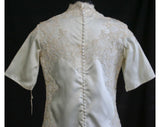 Size 8 Bridal Gown - Elegant 1960s Satin Wedding Dress with Alencon Lace - Short Sleeved 60s Sheath - Never Worn - Bust 35.5 - 31820
