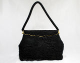 Black Beaded Evening Bag - 1950s Formal Purse - 50s 60s Caviar Beads Handbag - Elegant Rich Puffy Flowers Beadwork with Scallop Frame