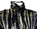 Size 10 Gray Silky Blouse - 1980s Indigo Blue Satin Long Sleeve Shirt - Lightweight Fluid Blousy 80s Office Wear - Feather Style Print