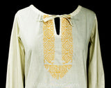 Size 8 1970s Hippie Shirt with Orange Embroidery - Ladies Medium Neutral Cotton 60s 70s Casual Top - Preppy Label Gordon Peters - Bust 36
