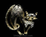Traipsing Cat Brooch - 1960s Novelty Animal Pin - Gold Color Metal & Clear Rhinestones - 60s Feline Pin - Arching Back Surprised Cat - 50551