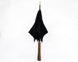 Antique Doll's Umbrella - Late 1800s Victorian Miniature Parasol - Black Cotton & Metal Frame - Smooth Wooden Handle - As Is Holes and Tear