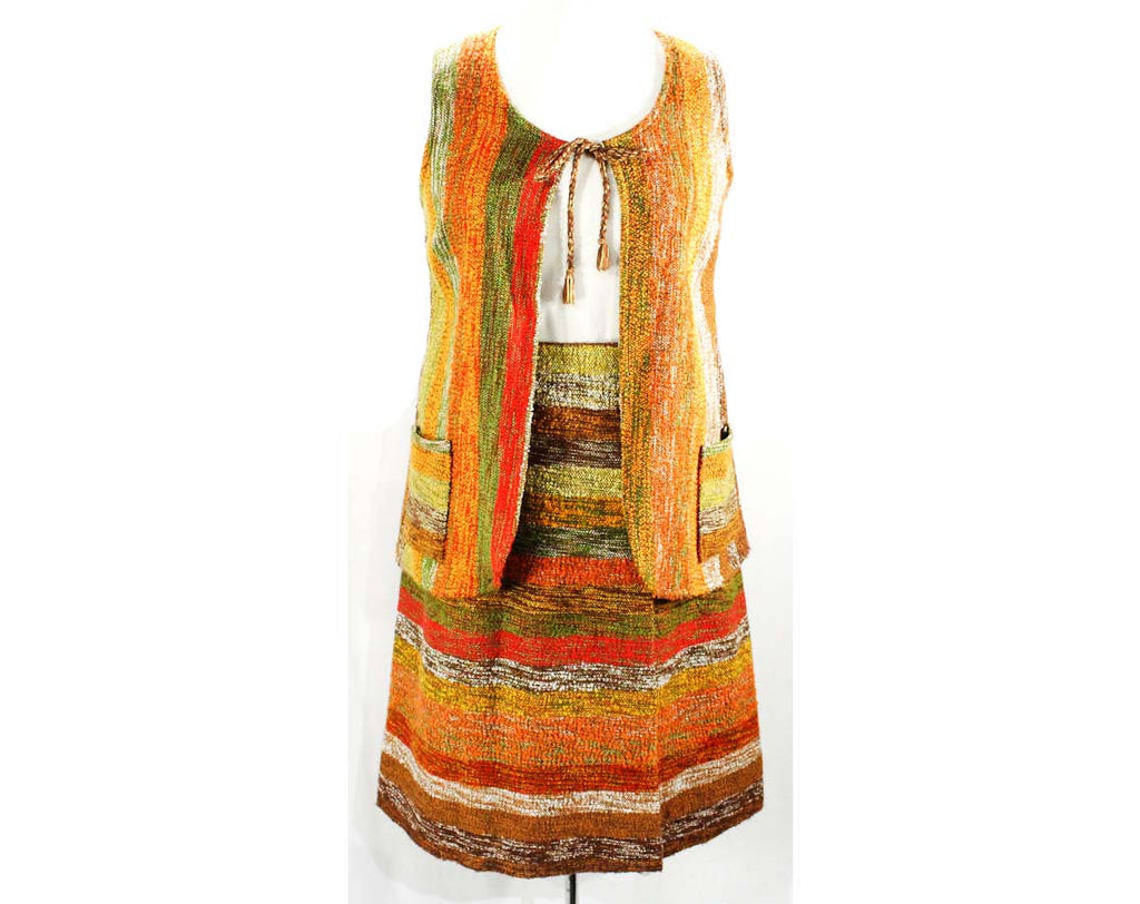 Size 8 Boho Dress Set - Terrific Artisan Chic Hippie Vest & Casual Wrap Skirt - Rustic 60s 70s Boucle Wool Stripe - Red Orange Avocado Green